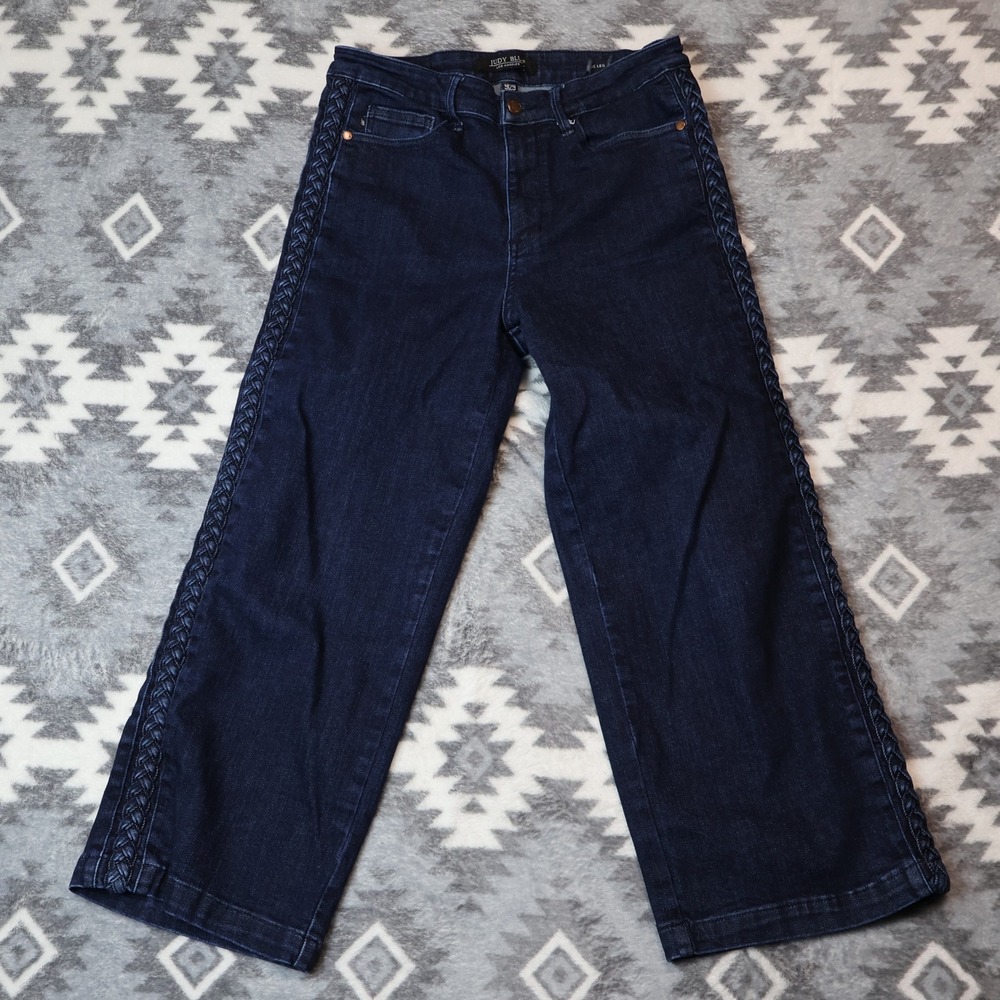 Judy Blue Wide Leg Braided Trim Jeans Dark Rinse Size 9/29 30x24.5" JB88851